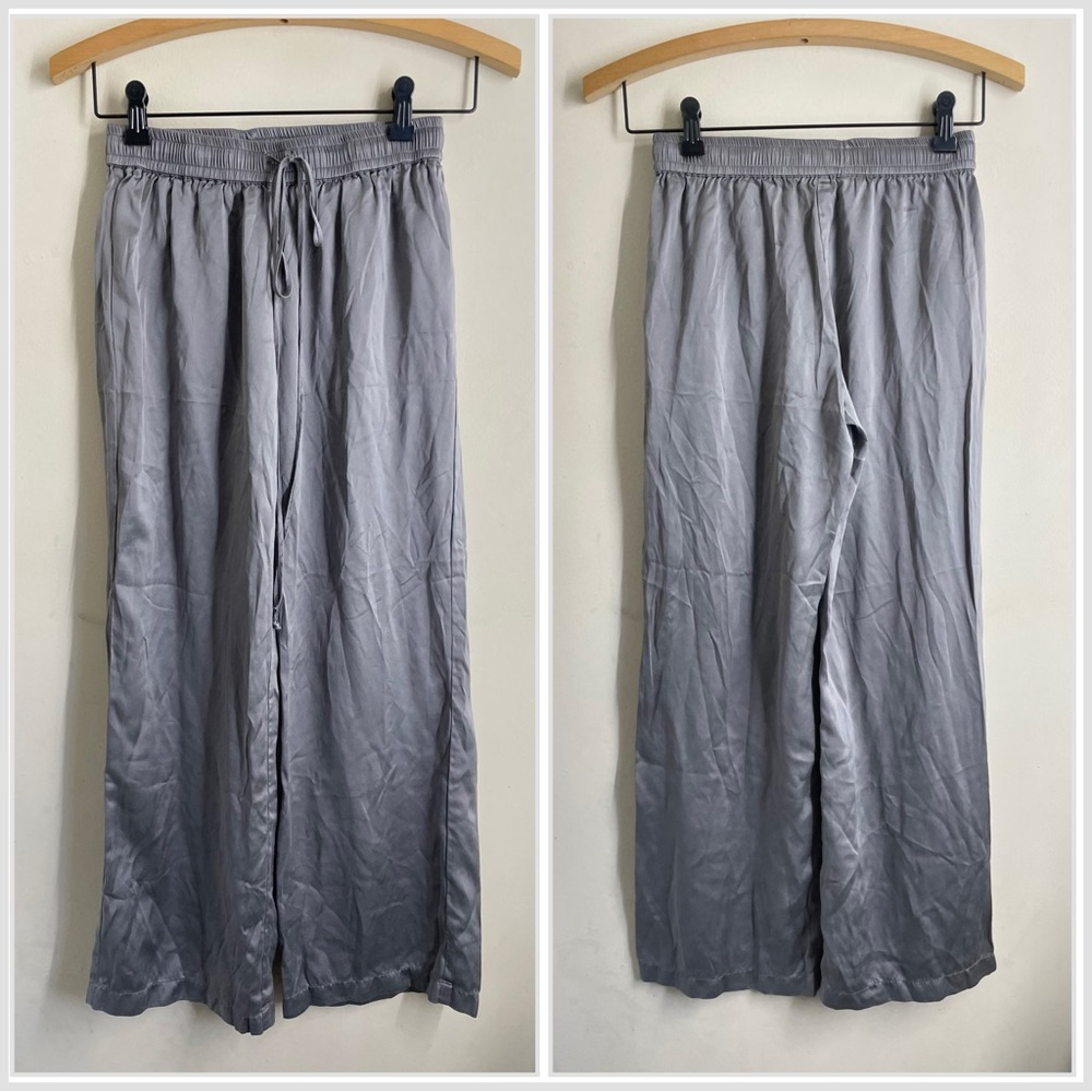Beautiful People 100% Silk Pants Gray Silver Wide Leg Drawstring Waist Size P